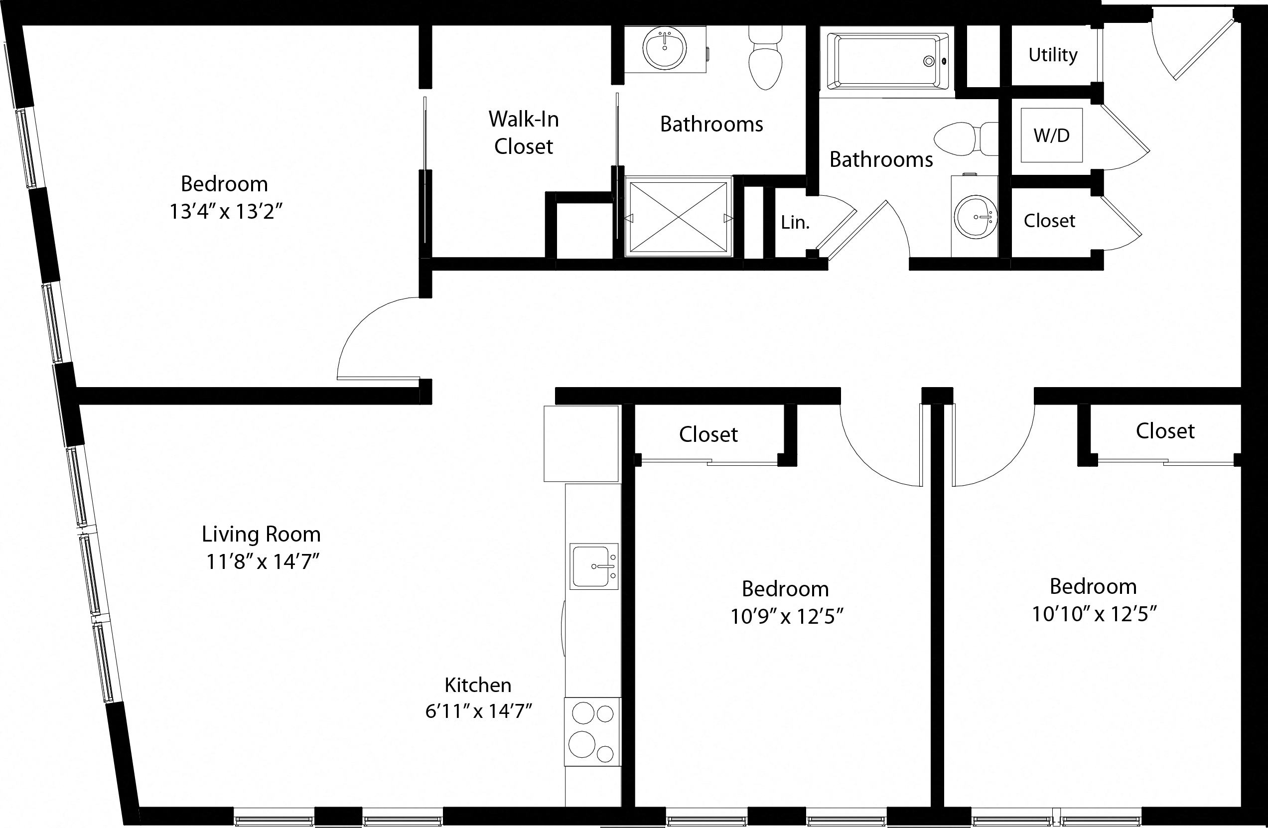 Floor plan for 3 beds, 2 baths, 1101 sqft